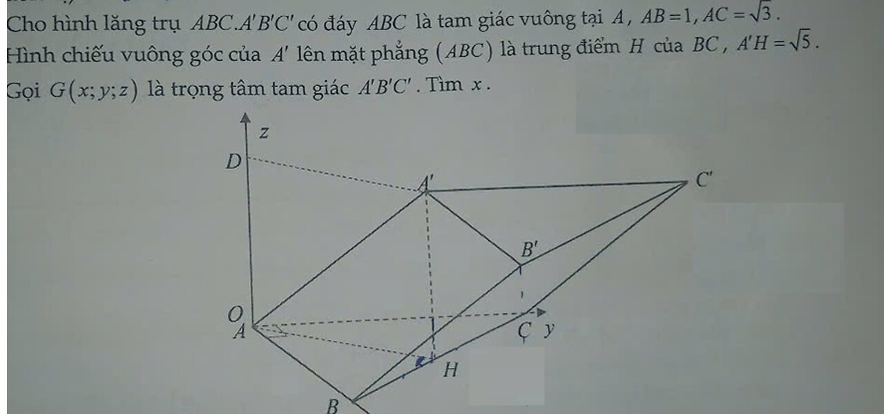 Toán 12: Cho hình lăng trụ ABC.A'B'C' có đáy ABC là tam giác vuông tại A, AB=1, AC=√3. Hình chiếu