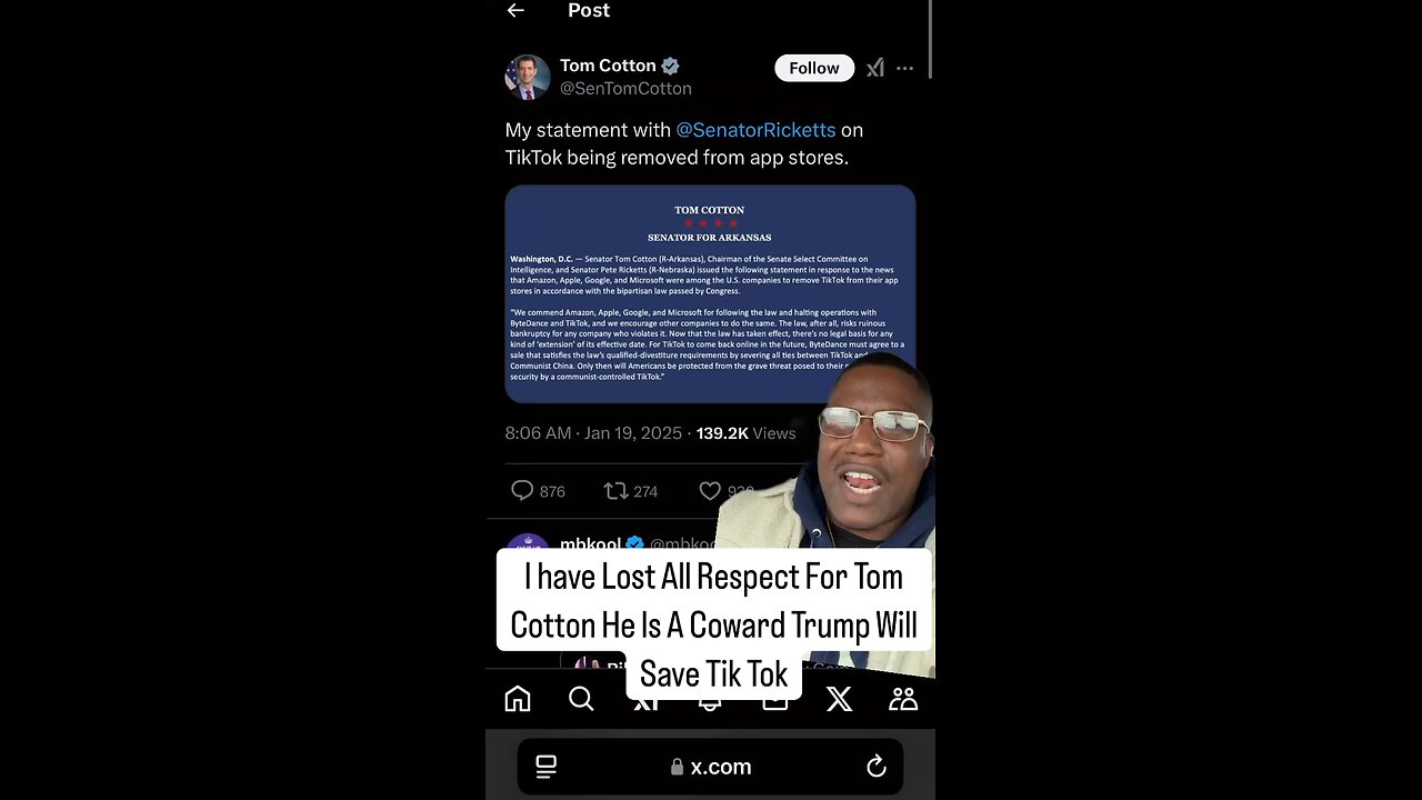 I have Lost All Respect For Tom Cotton He Is A Coward Trump Will Save Tik Tok