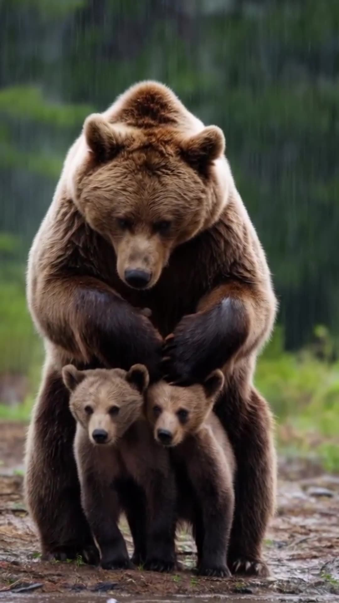 Bear protecting his cubs in the rain
