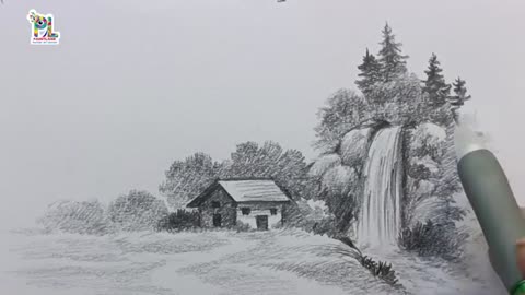 How to draw a beautiful house in forest near a waterfall || Drawing waterfall