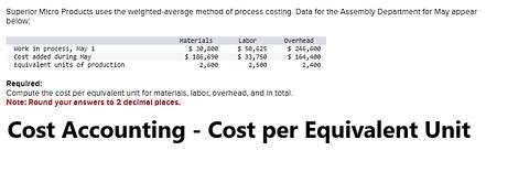 Cost Accounting: Superior Micro Products uses the weighted-average method of process costing.