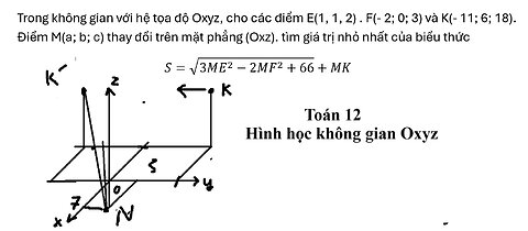 Toán 12: Trong không gian với hệ tọa độ Oxyz, cho các điểm E(1, 1, 2) . F(- 2; 0; 3) và K(- 11; 6;