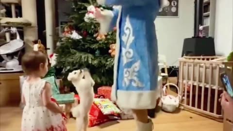 Dog Joins Woman in Snow Maiden Costume for Festive Dance at Christmas Party