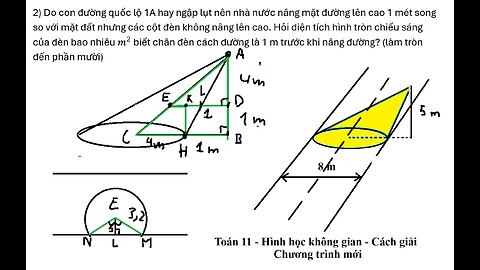 Toán 11: Hình nón xiên: Một con đường có chiều rộng 8 m.Có một bóng đèn cao 5 m so với mặt đường