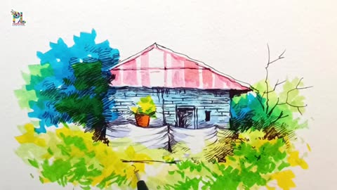 Wooden House Painting in Village Landscape Art