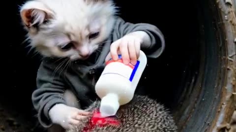 A poor meowing cat saved a little hedgehog."