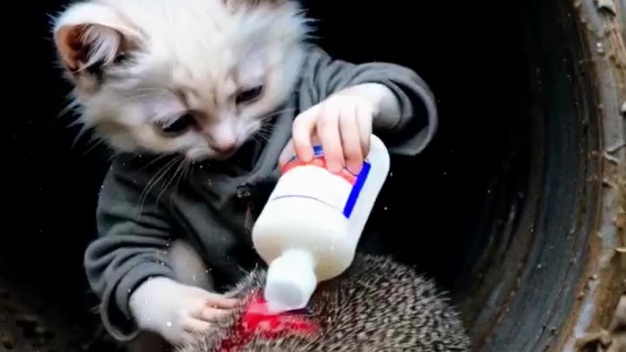 A poor meowing cat saved a little hedgehog."