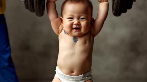 Baby lifts the heavy weight easily