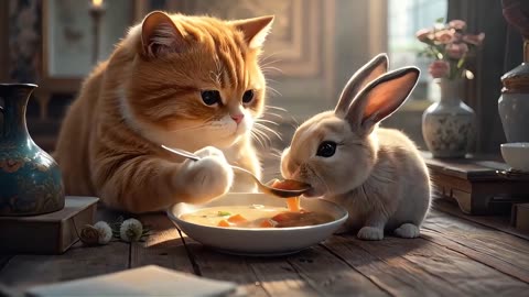 Sweet Cat and Rabbit: A Purr-fectly Adorable Moment