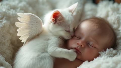 Kitten affectionately licks baby's face