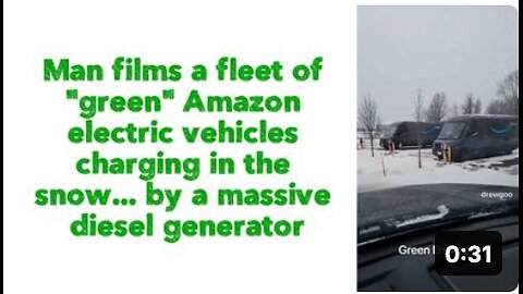 a fleet of "green" Amazon electric vehicles charging in the snow... by a massive diesel generator. 🤡