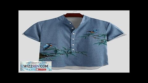 Mens Bird Plant Print Half Button Cotton Henley Shirts Blue S Review