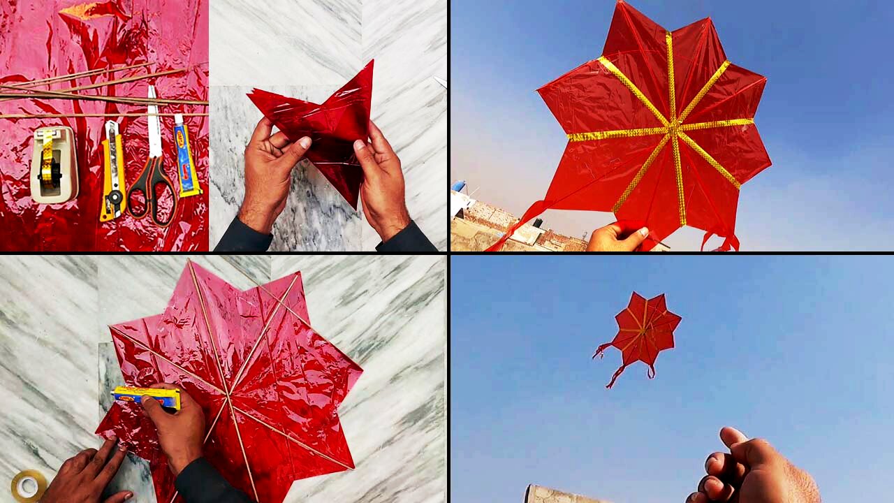 Making A Star Kite with Red Transparent Paper & Bamboo sticks