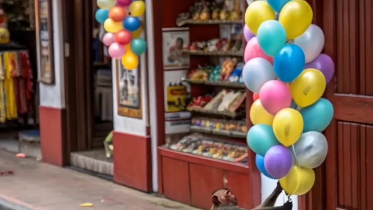 Monkey Takes Flight with Helium Balloons – A Mischievous Adventure!