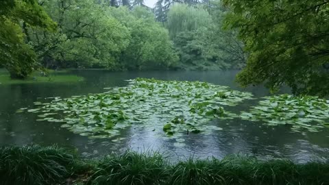 The beautiful little lake is raining