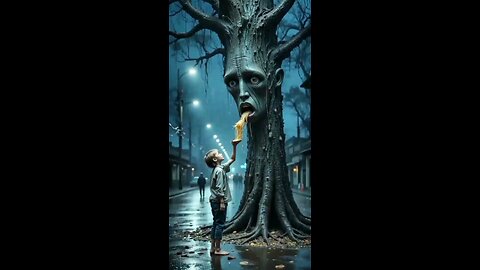 Sad Tree and Innocent Child – A Heartfelt Scene of Hunger and Compassion in the Rain