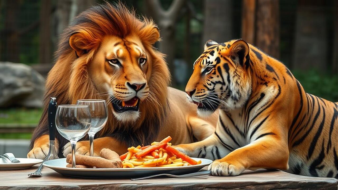 dinner time for the lion and tiger