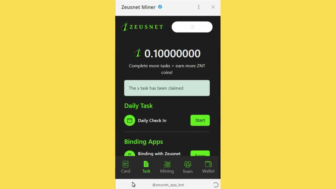new mining mini app telegram zeusnet