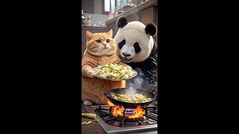 The Unique Friendship of a Cat and Panda – A Heartwarming Scene of Cooking and Feeding!")