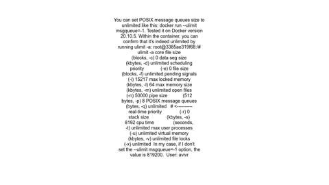 How to set POSIX message queues limit to unlimited in docker container using --ulimit option