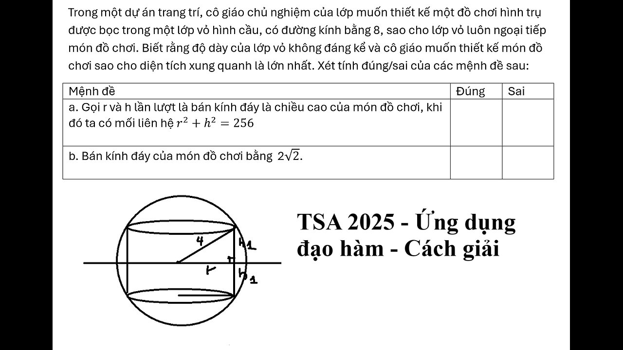 TSA 2025: Trong một dự án trang trí, cô giáo chủ nghiệm của lớp muốn thiết kế một đồ chơi hình trụ