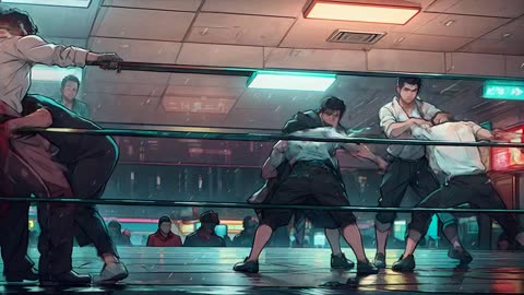 TWF wrestling - Anime cut of 6-man tag team action.