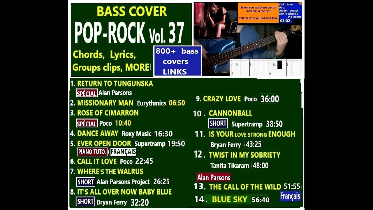 Bass cover POP ROCK Vol 37 (Remake) MORE LINKS _ Chords real-time, Lyrics, MORE