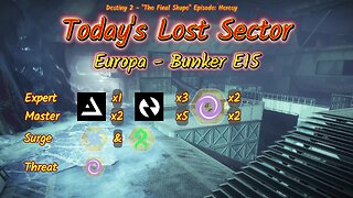 Destiny 2: 2-22-25 Bunker E15 is the Lost Sector. Arc/Strand Surge.