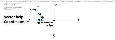 Vector Help: While in a park, you walk west for 52 m, then you walk 34.5° north of west for 40 m,