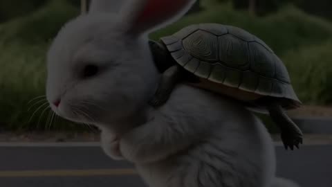 A little rabbit floating in the middle of a heavy rainstorm