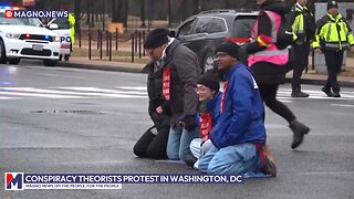 Conspiracy theorists protest against Donald Trump, Marco Rubio and Elon Musk in Washington, DC