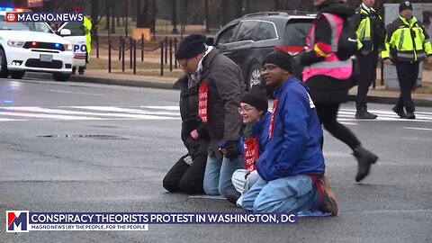 Conspiracy theorists protest against Donald Trump, Marco Rubio and Elon Musk in Washington, DC