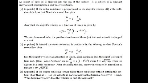 Calculus Help: An object of mass m is dropped into the sea at the surface. It is subject to a