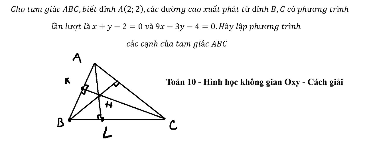 Toán 10: Cho tam giác ABC,biết đỉnh A(2;2),các đường cao xuất phát từ đỉnh B,C có phương trình lần