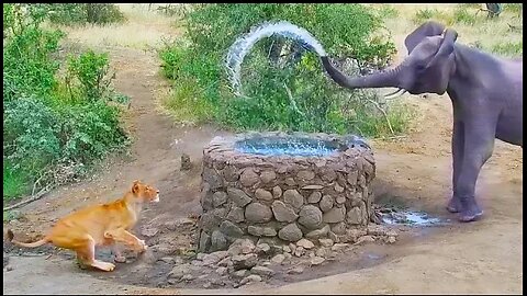 Elephant Sprays Water at Lion