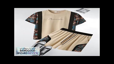 Mens Ethnic Geometric Print Patchwork Crew Neck Two Pieces Outfits Khaki Review