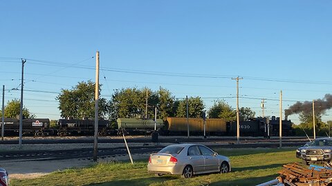 Steam Locomotive Frisco 1630 Rolling by the Electric Car Shop at the Illinoi Railway Museum