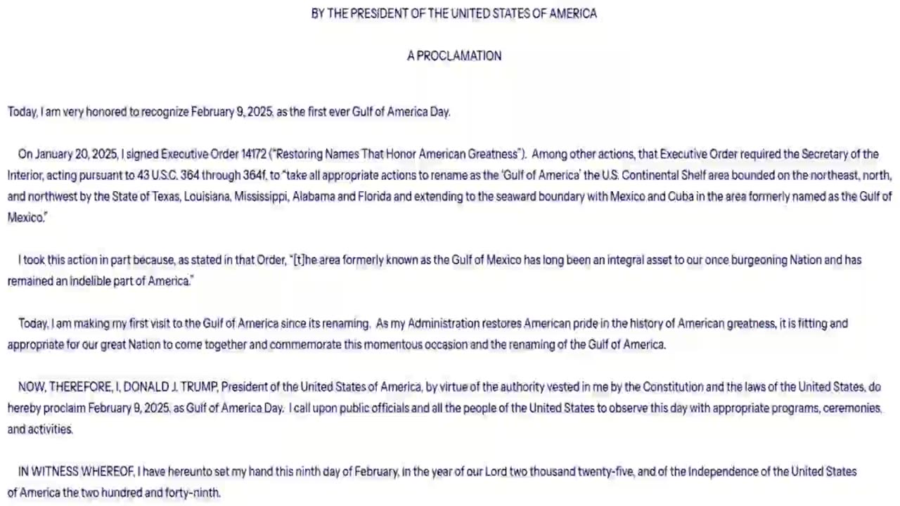 Trump Proclaim Gulf of America instead of Mexico to Honor Greatness day 9 February 2025 🌊