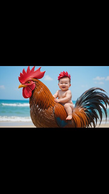 Baby Rides a Giant Rooster on the Beach—So Fun! 🐔🏖️😄
