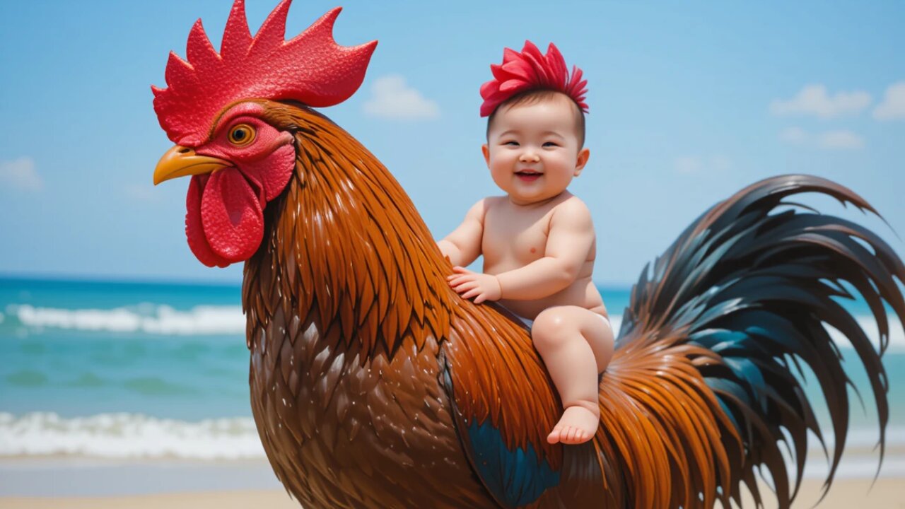 Baby Rides a Giant Rooster on the Beach—So Fun! 🐔🏖️😄