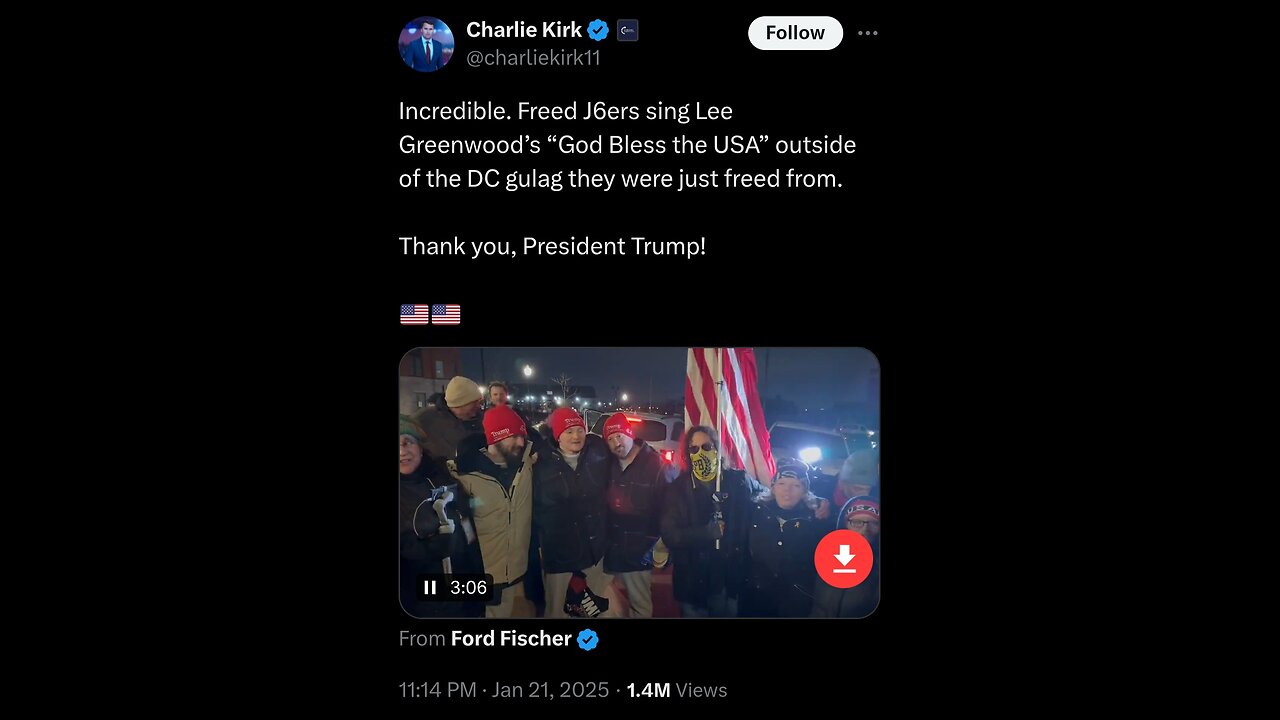 Freed J6ers sing "God Bless the USA" outside Of the DC gulag they were just freed from.