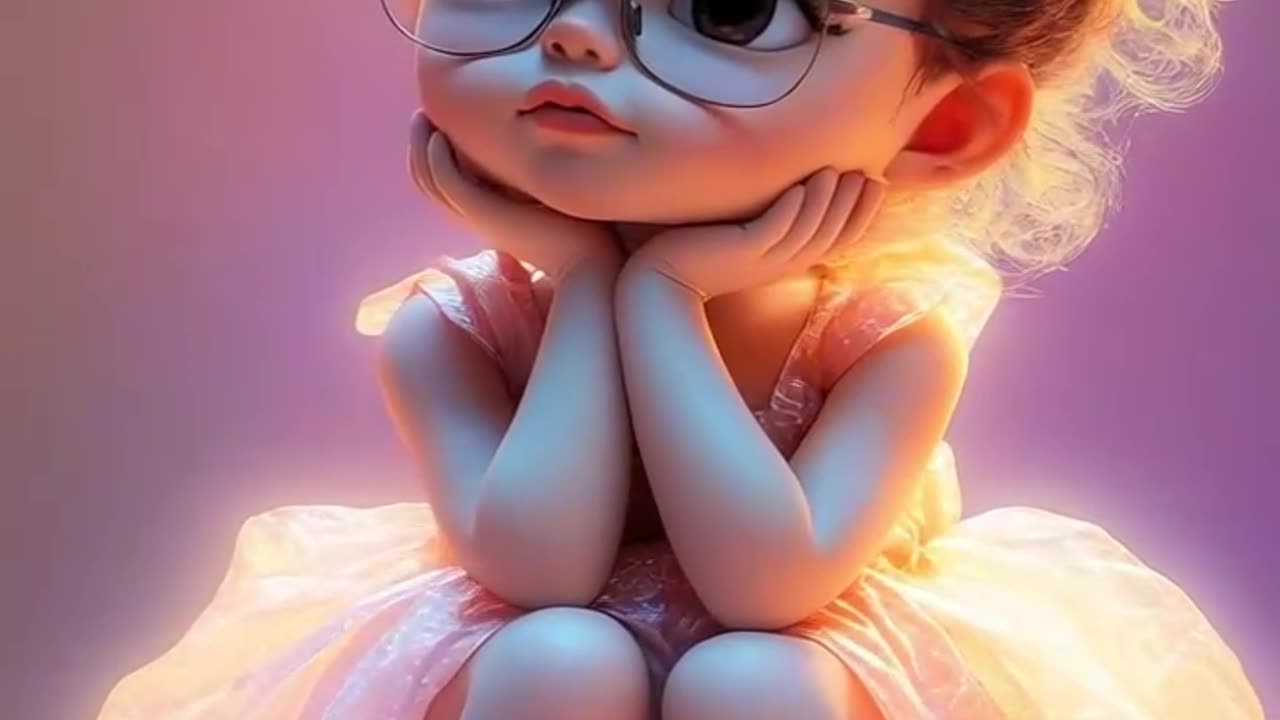 fabulous funny cartoon baby doll image, wearing glasses, in a lush transparent dress