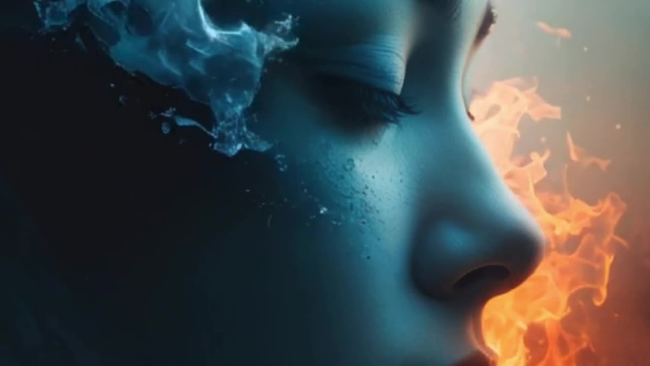 Women meditating between fire and ice mood