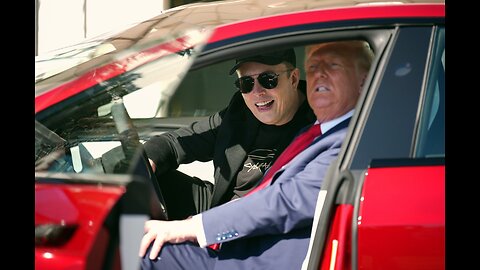 Donald Trump makes a promotional ad for a Tesla car for Elon Musk in front of the White House