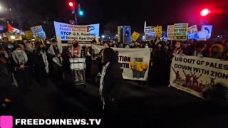 Pro-Palestinian protesters react moments after U.S. President Donald Trump