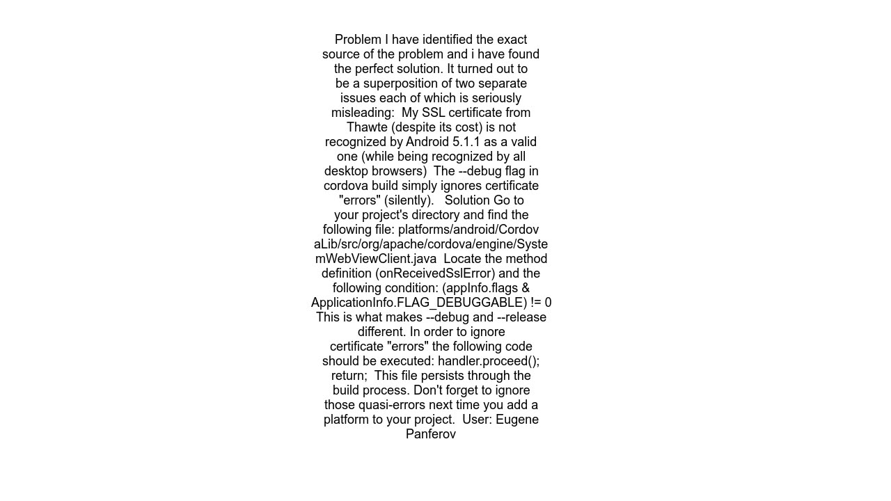 cordova &quot;release&quot; behaves differently to &quot;debug&quot; regarding SSL