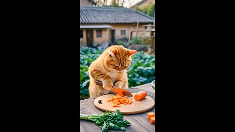 Cat Making Noodles with Meat Topping