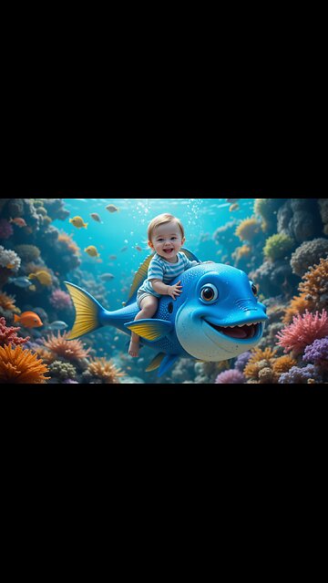 Adorable Baby's Epic Ride on a Blue Fish Adventure