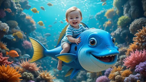 Adorable Baby's Epic Ride on a Blue Fish Adventure