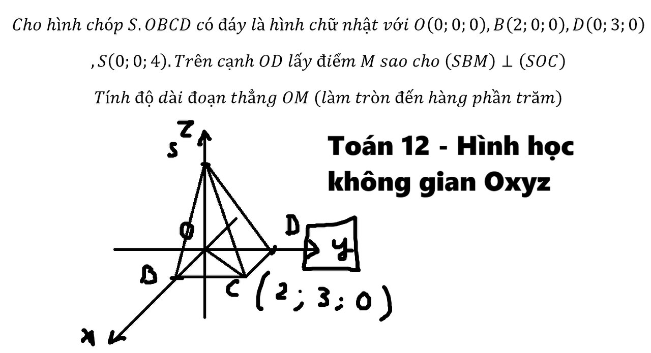 Toán 12: Cho hình chóp S.OBCD có đáy là hình chữ nhật với O(0;0;0),B(2;0;0),D(0;3;0),S(0;0;4).